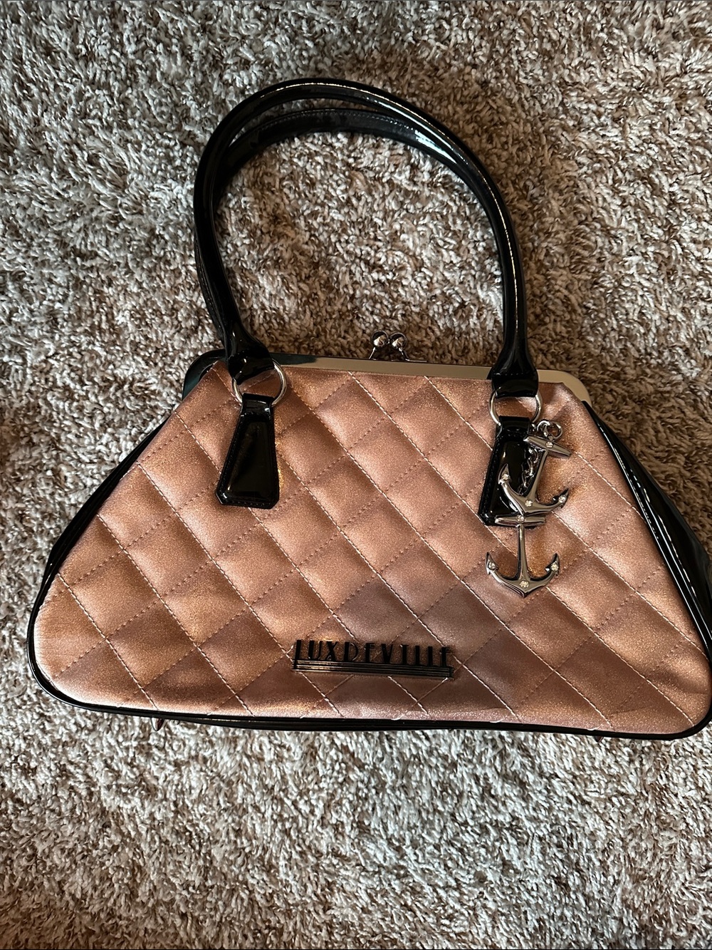 Lux de Ville Rose Gold Quilted Satchel with Black Trim